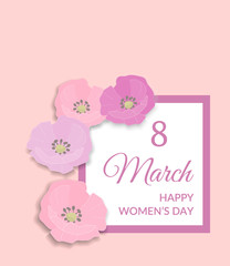 8 March Happy international womens day Greeting Card design. Pink text on white frame and pastel peach color background with pink and lilac wild brier rose flower blossom. Vector eps10 illustration