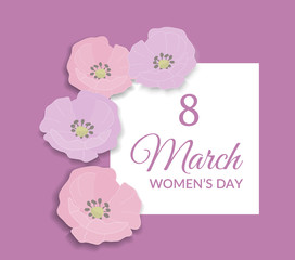 8 March Happy international womens day Greeting Card design. Pink text on white frame and lilac pink background with pink and lilac wild brier rose flower blossom. Vector eps10 illustration