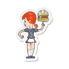 retro distressed sticker of a cartoon waitress serving a burger