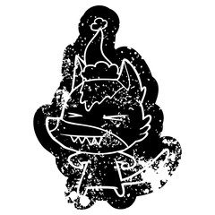 angry wolf cartoon distressed icon of a wearing santa hat