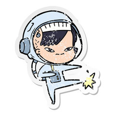 distressed sticker of a cartoon astronaut woman