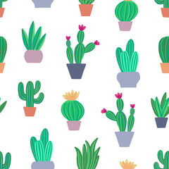 Hand drawn seamless floral pattern with different cactus succulents in pots. Cute background with cacti. Perfect for  textile, fabric. Vector illustration