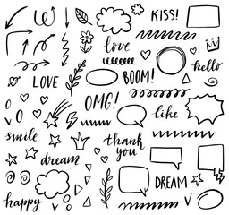 Doodle hand drawn set with speech bubbles, arrows, floral elements, stars, hearts, strokes, clouds, words love, like, smile, kiss, dream, boom, happy, omg, hello etc. Vector illustration