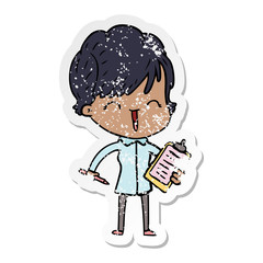 distressed sticker of a cartoon laughing woman