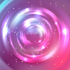 Vector round frame. Shining circle banner. Vector design. Glowing spiral. Pink, purple colors.