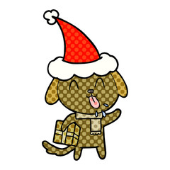 cute comic book style illustration of a dog with christmas present wearing santa hat