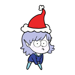 line drawing of a elf girl staring and crouching wearing santa hat