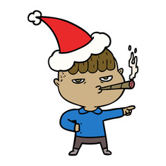 line drawing of a man smoking wearing santa hat