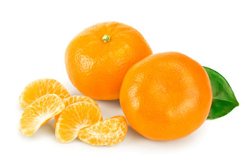 tangerine or mandarin fruit with leaves isolated on white background