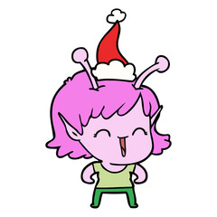line drawing of a alien girl laughing wearing santa hat