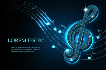 Music treble clef and notes in swirl on a dark blue starry sky background in polygonal style, mockup layout for design, vector illustration.