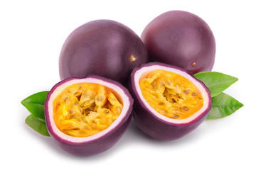 Two whole passion fruits and a half with leaves isolated on white background. Isolated maracuya