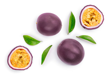 passion fruits and a half with leaves isolated on white background. Isolated maracuya. Top view. Flat lay
