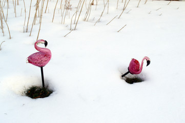 Lets go to Florida!  Two Glass Flamingos in the Snow
