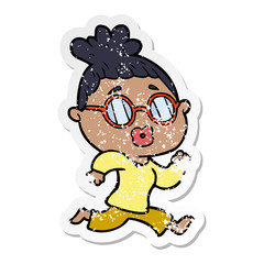 distressed sticker of a cartoon woman wearing spectacles