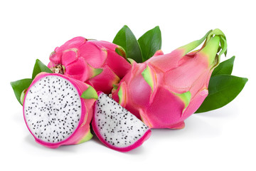 Ripe Dragon fruit, Pitaya or Pitahaya isolated on white background, fruit healthy concept
