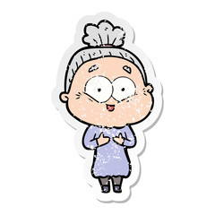 distressed sticker of a cartoon happy old woman