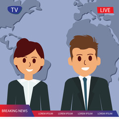 Television breaking news with couple reporter tv, broadcast headline news