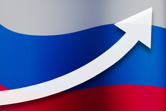 White arrow growth up on the background of the Russia flagl