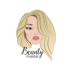 Beautiful woman head with blonde hair isolated on white background. Girl face with makeup for logo of beauty master.