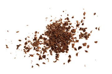 grated chocolate isolated on white background. Top view