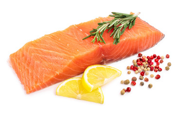 fillet of red fish salmon with lemon and rosemary isolated on white background