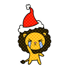 comic book style illustration of a crying lion wearing santa hat
