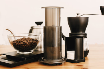 Alternative coffee brewing method set. Stylish accessories and items for alternative coffee on...