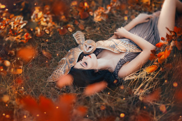 bright autumn art photo, goddess rests in autumn orange forest under protection of cute little owl,...