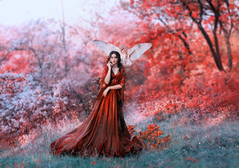 Fototapeta na wymiar powerful autumn nymph, queen of fire and goddess of hot sun, lady in long red light dress with loose sleeves with dark hair, model in scarlet forest with flying owl, bloody Mary, vampire image