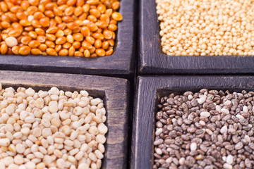 grains of super gluten-free foods: amaranth, chia, quinoa, millet