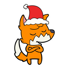 friendly line drawing of a fox wearing santa hat