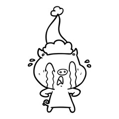 crying pig line drawing of a wearing santa hat