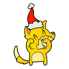 laughing fox textured cartoon of a wearing santa hat