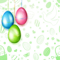 Three colored Easter eggs hanging on green background of flowers, cakes, hare, hen, chicken, bow and other holiday symbols