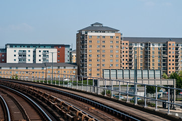 Fototapeta premium View of new housing developments from a driverless DLR train, London, UK