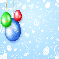 Three colored Easter eggs hanging on light blue background of flowers, cakes, hare, hen, chicken, bow and other holiday symbols