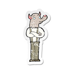 retro distressed sticker of a cartoon friendly werewolf
