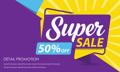 Super Sale Banner Template. Discount Up to 50%. Vector Template Poster Sale Promotion.