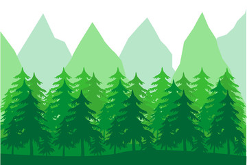 Bosque verde con montañas.