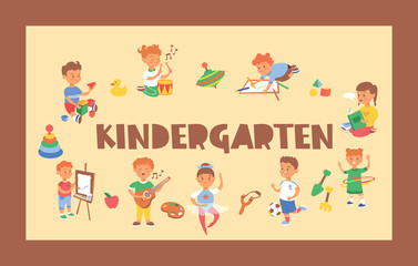 Kids vector cartoon girl boy characters children playing music on guitar and kids painting studying at kindergarten backdrop illustration childish playroom background