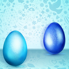 Two colored Easter eggs standing on light blue background of flowers, cakes, hare, chicken and other holiday symbols