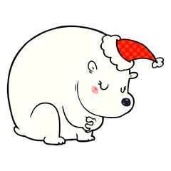 cute comic book style illustration of a polar bear wearing santa hat