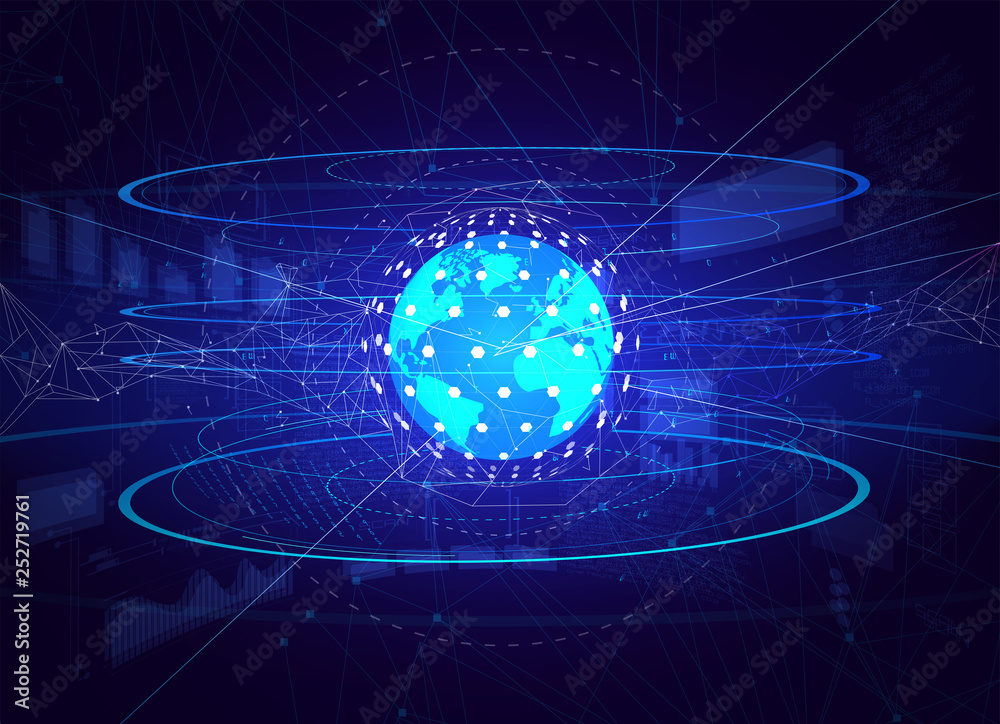 Poster three-dimensional interface technology, science fiction scene. hud interface. futuristic earth globa