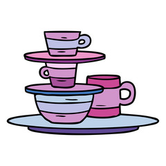 cartoon doodle of colourful bowls and plates
