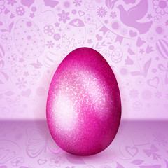 Big purple Easter egg standing on background of flowers, cakes, hare, chicken and other holiday symbols