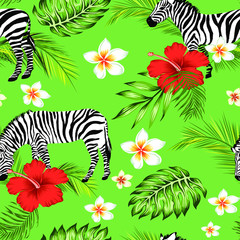 seamless pattern tropical forest zebra and flowers