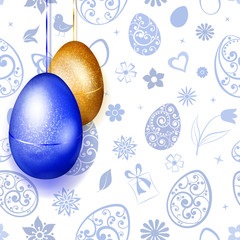 Golden and blue Easter eggs hanging on light blue background of flowers, leaves, hearts and other holiday symbols
