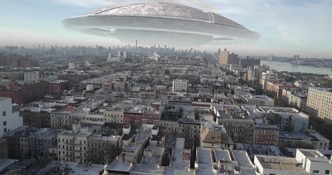 Alien Spaceship Hovering over New York Illustration Video Compositing simulates Real footage with visual effects elements of ufo alien spacecraft Hovering over New York