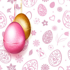 Golden and pink Easter eggs hanging on background of flowers, leaves, hearts and other holiday symbols
